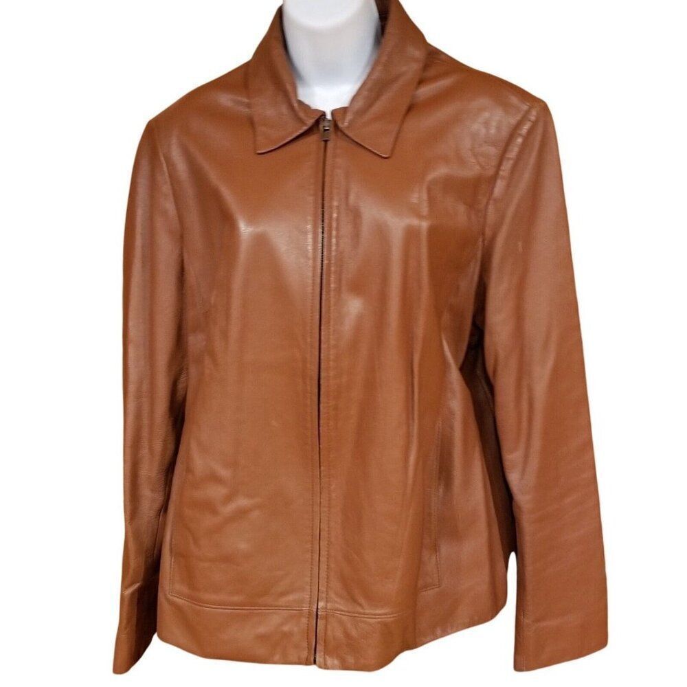 Vintage Y2K Anne Klein Soft Brown Lambskin Leather Jacket Womens Large Full Zip